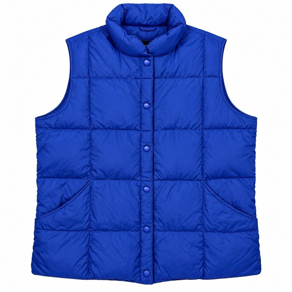 Lands End Womens 1X 16W 18W Down Puffer Vest Blue Quilted Snap Front Winter